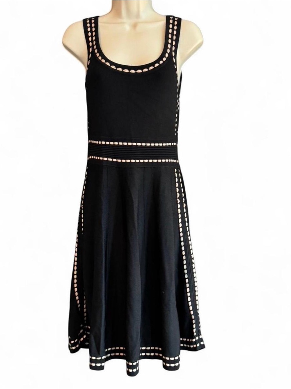 Alice + Olivia Black Fit Flare Knit Dress Cutout Trim Sleeveless Skater